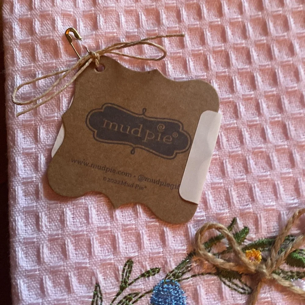 NWT Mud Pie Pink Embroidered Spring Tea Dish Towel, Spatula & Cookie Cutter
